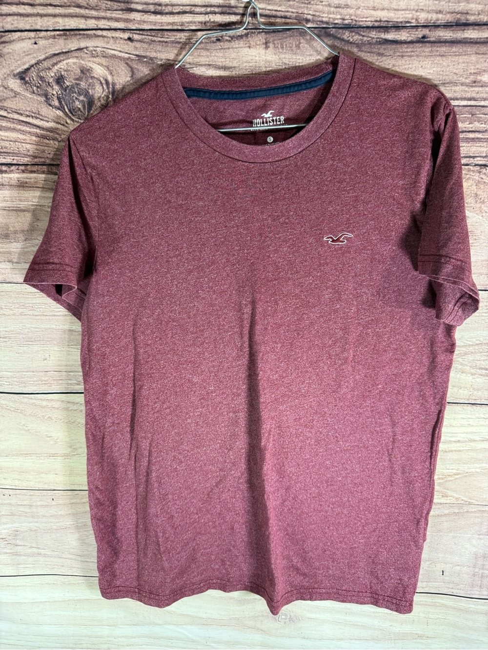 Hollister Mens Heathered Burgundy Crewneck Tee Short Sleeve Logo Shirt Small